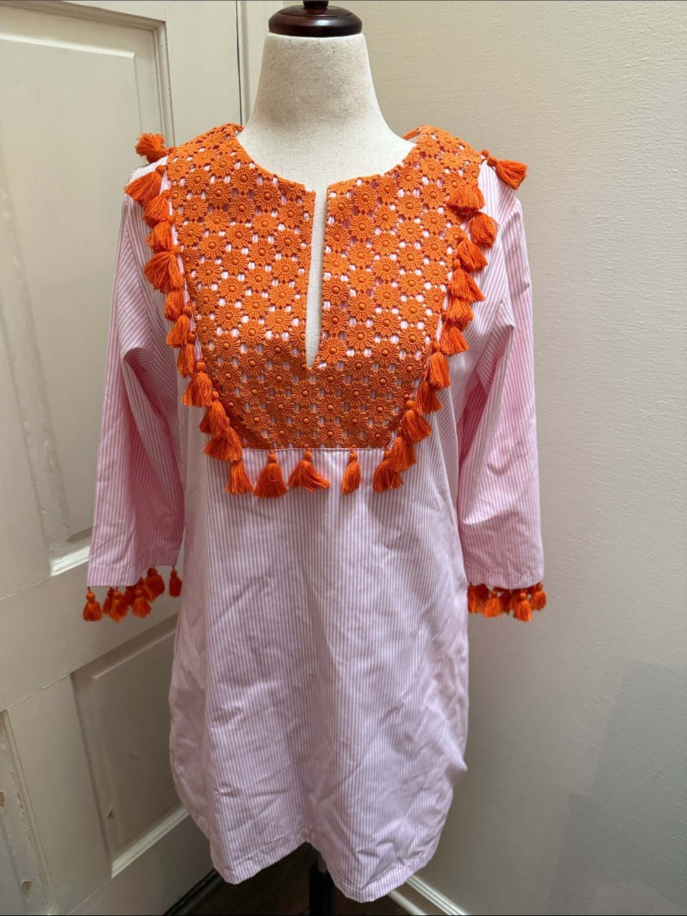 Women's Pink Striped Dress with Orange Crochet Yoke and tassels NWT